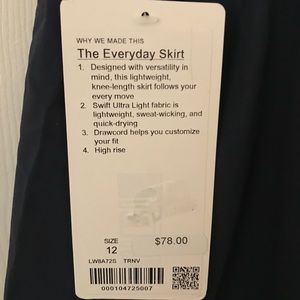 Lululemon Everyday Skirt NWT, Navy, size 12